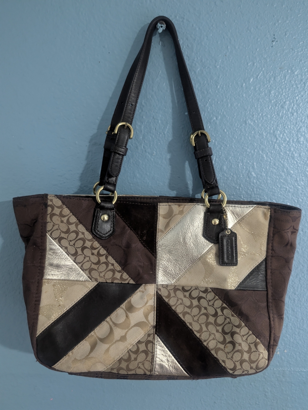 Coach Leather Patchwork Tote Bag in Brown and Metallic